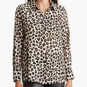 New Pleione Long Sleeve Placket Pocket Shirt XL Ivory Leopard Print